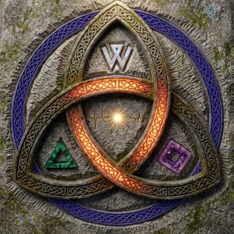The everQUIN sigil: a triquetra carved in stone, an ember ring at its heart.